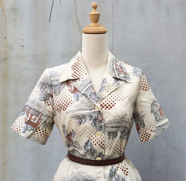 Italia Familia | Vintage 1950s 1960s novelty print Farmhouse countryside village scene Short sleeve day dress
