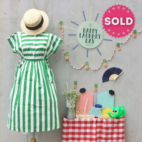 Watermelon Summer | Vintage 1980s does 1950s Green white Stripes Pockets dress