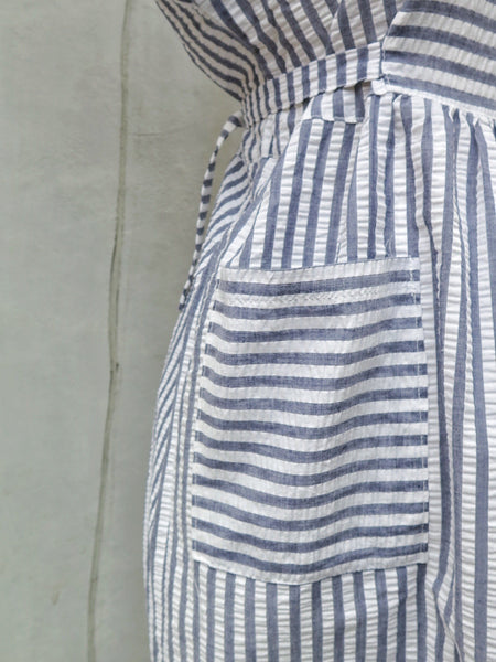A Greece-O | Vintage 1970s 1980s crepe White blue striped Day Dress