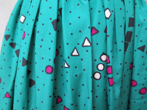 Teal Appeal | Vintage 1970s 1980s Abstract geometric shapes Polka dot print Pleated Midi Skirt