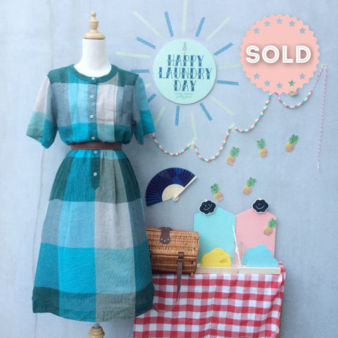 Rustic Summer | Vintage 1950s Turquoise and Khaki grey Rustic Comfy Summer Dress with POCKETS