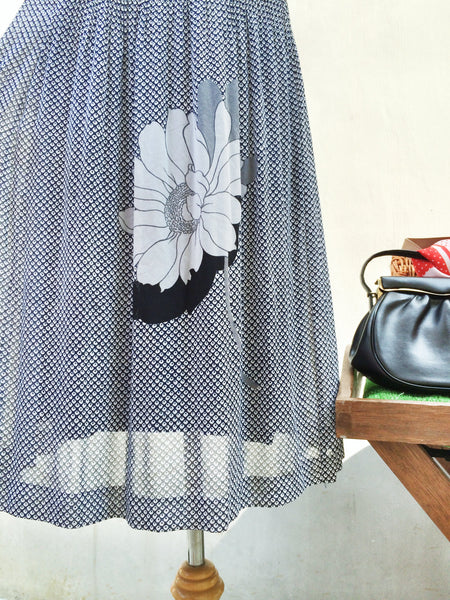 Still life | Artistic painting Flower print dark blue polka dotted Vintage 1970s dress