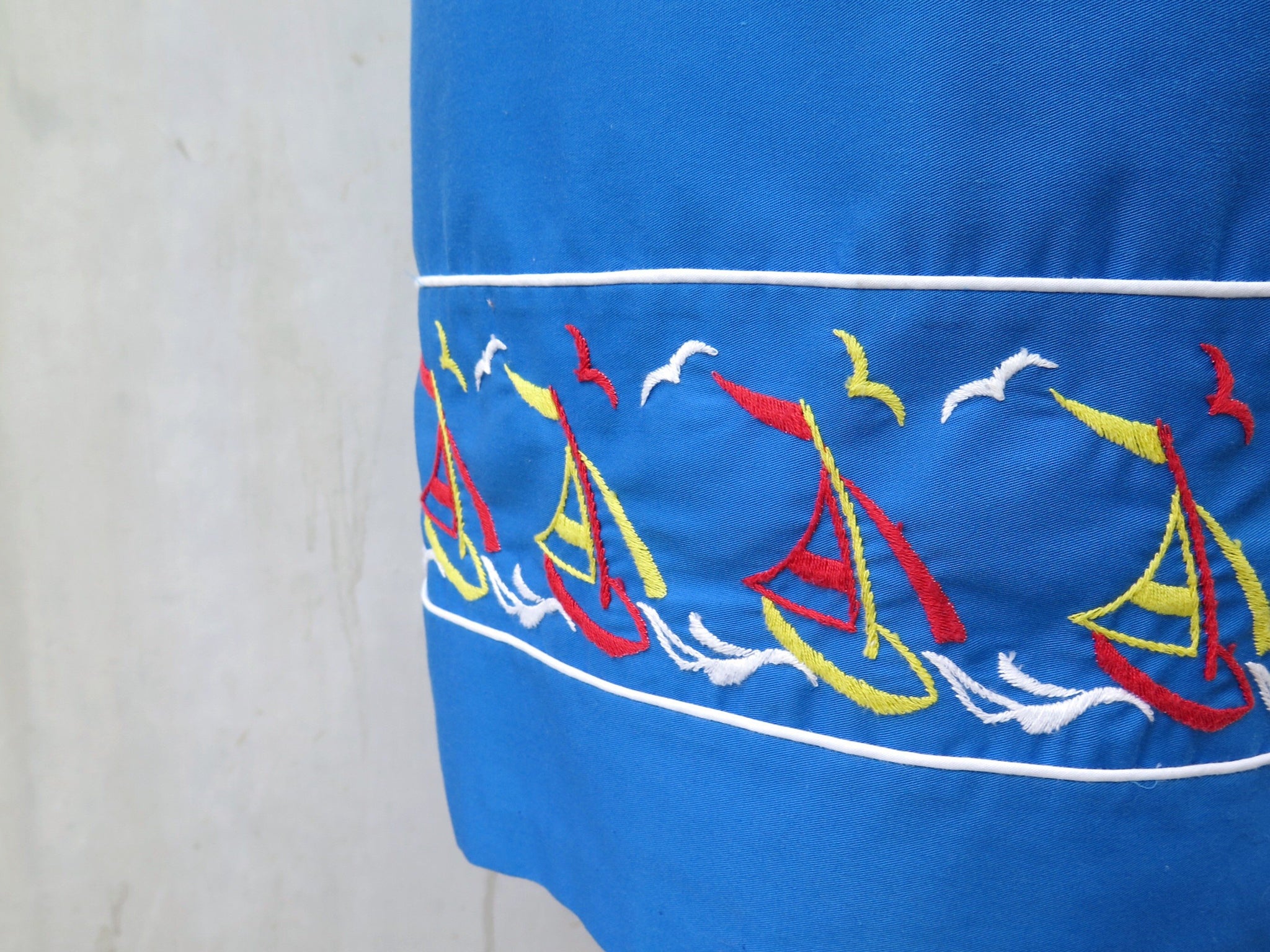 Sail Blue Seas | Vintage 1960s 1970s Embroidered sailboat Nautical theme Blue Midi Skirt