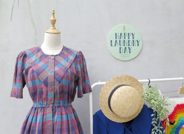 Ginny | Vintage 1940s 1950s Pink and blue gingham checkered mock sailor bib vintage dress