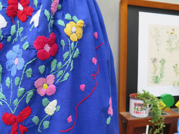 Summer Flirt | Vintage 1960s 1970s Mexican embroidered Ethnic Blue Calf-length Skirt