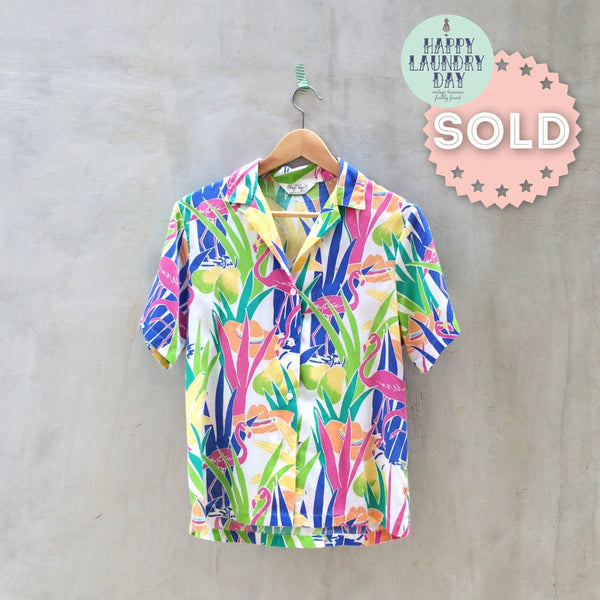 Flamingo Amigo | Vintage 1980s Tropical Jungle Flamingo print Multi-colored Shirt Blouse