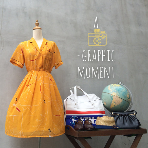Photographic Moment | Vintage mod yellow geometric doodle Japanese dress