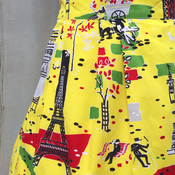 Paris Swing in Spring | Vintage 1980s-does-1950s Paris Eiffel Tower in Spring Yellow Swing Skirt