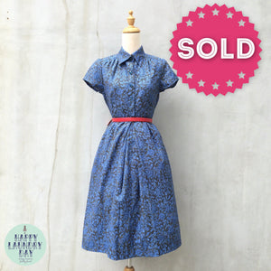 Batik Base | Vintage 1950s 1960s Simple silhouette Day Dress Blue florals and Polka Dots | Upcycled short sleeves