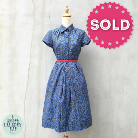 Batik Base | Vintage 1950s 1960s Simple silhouette Day Dress Blue florals and Polka Dots | Upcycled short sleeves
