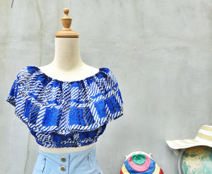 SALE! |  Blue Summer Crop | Vintage retro checkered Off-shoulder Cropped Top