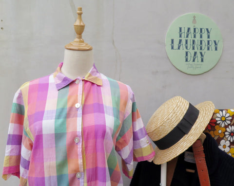 Check Mate | Vintage 1970s 1980s Rainbow multi-colored Checkered tie-front Short-sleeve Shirt Blouse