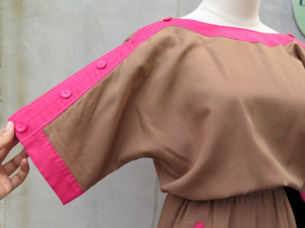 Verona Pink | Vintage 1980s chocolate brown ans fuchsia pink trim and buttons dress