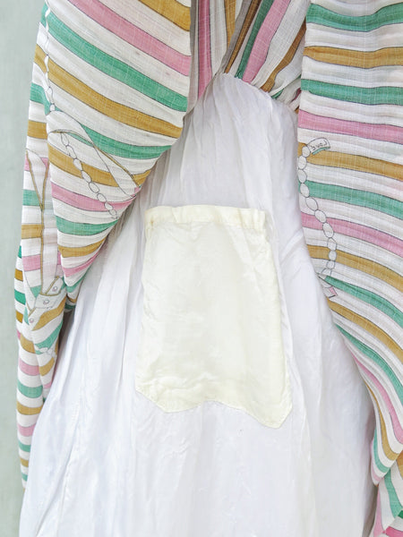 Clarisse | Vintage 1960s 1970s vertical stripe kitschy retro Ribbon print frill neckline Strappy Sundress