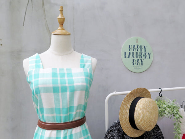 Mint Miss | Vintage 1950s 1960s mint green and cream gingham checkered
 Sleeveless wiggle dress