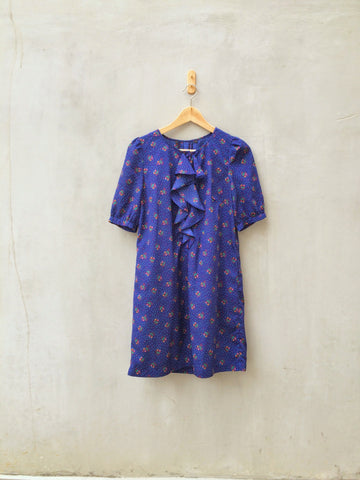 Floral Days | Retro 70s Small floral print Indigo blue Ruffle front Tunic Dress