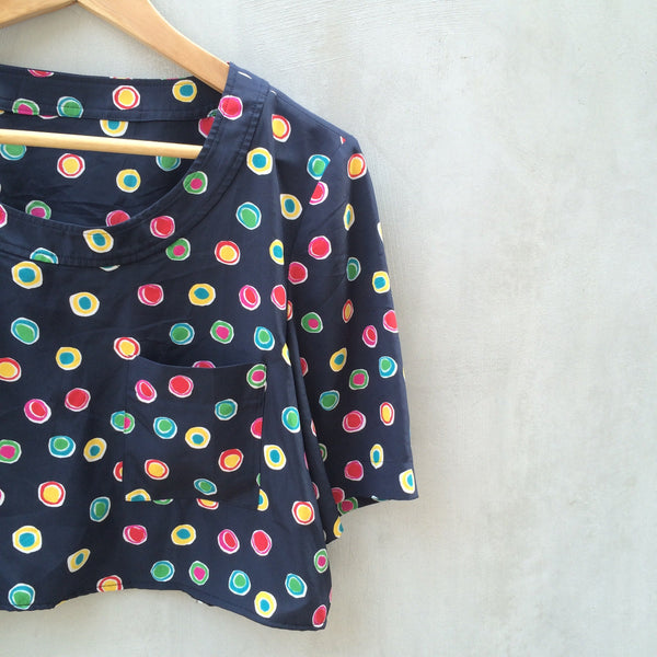 Spot me! | Vintage 1980s dark blue cropped top with Colorful Polka Dots