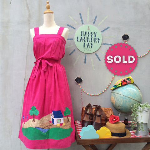 Home is where | Vintage 1970s house print Ethnic Mexican style Fuchsia Pink sundress