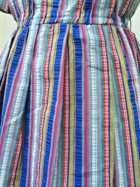 Vertigo Stripes! | Vingtage seersucker cheesecloth Vertical Stripes Indigo Blue, green, red, grey Front pleat Short Dress