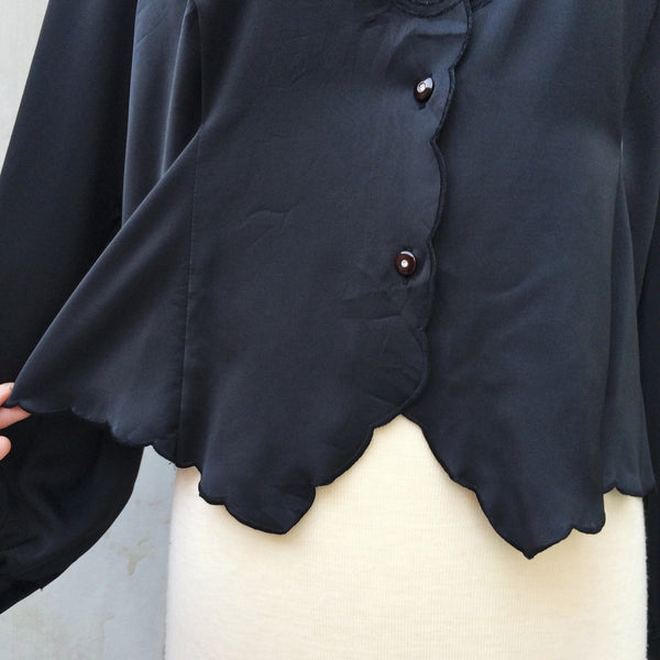 Black Out | Vintage 1970s does 1920s black Silky sateen Shirt Blouse