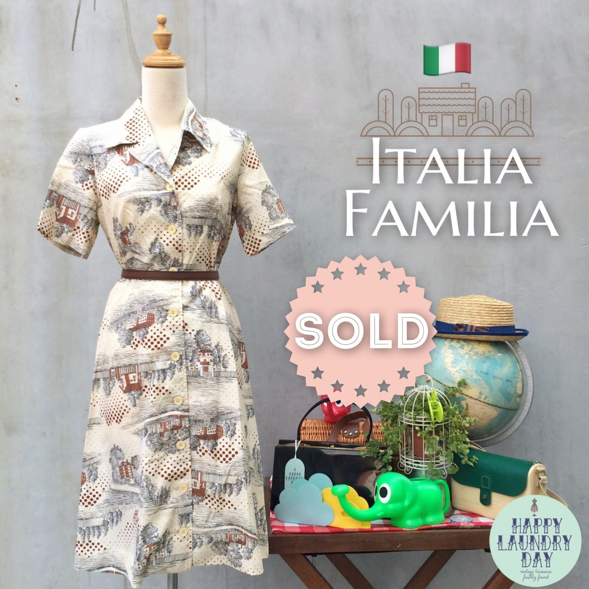 Italia Familia | Vintage 1950s 1960s novelty print Farmhouse countryside village scene Short sleeve day dress