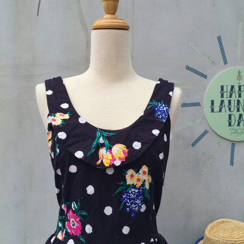 Soul Flower | Vintage 1980s flocked flowers Black and white polka dot dress with