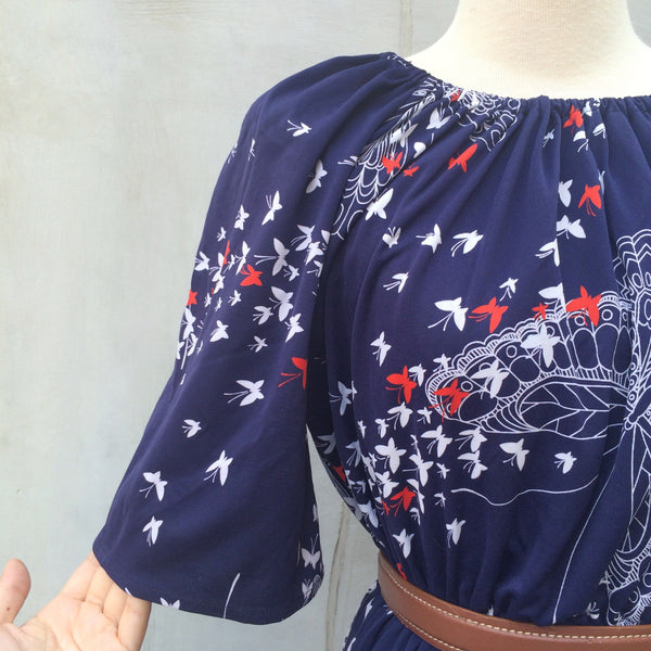 Butterfly Lovers | Vintage 1970s Butterflies print Festival Summer Dress in Navy Blue White and Red