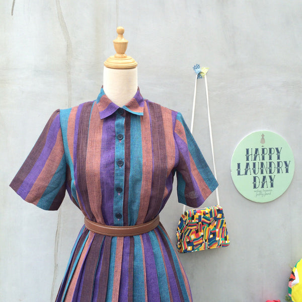 The Road Home| Vintage 1940s 1950s Vertical Stripe purple turquoise brown Cute Collar Dress