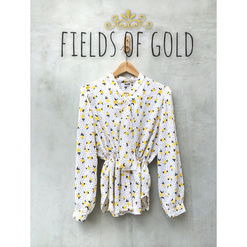 Fields of Gold | Vintage 70s blouse Cheery yellow tulip print Sexy secretary top