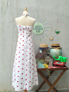 MUST HAVE! | Strawberry Fields | Vintage 1950s 1960s Metal zip Cute-as-a-button Embroidered strawberry Halter Maxi Dress