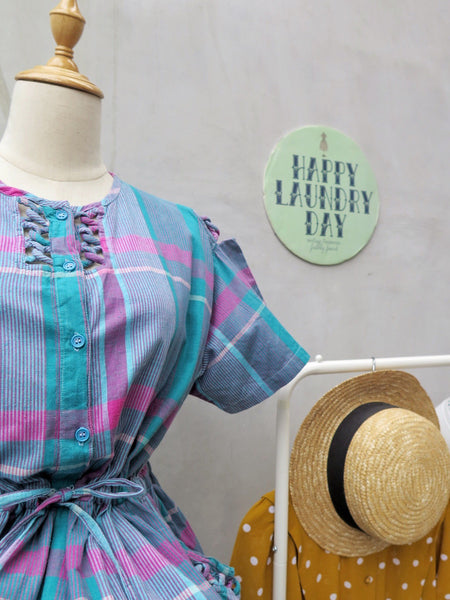 Poolside Penelope | Vintage 1980s plaid checkered Pink Green Twisted cut-out details Summer Dress