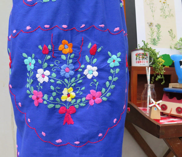 Summer Flirt | Vintage 1960s 1970s Mexican embroidered Ethnic Blue Calf-length Skirt