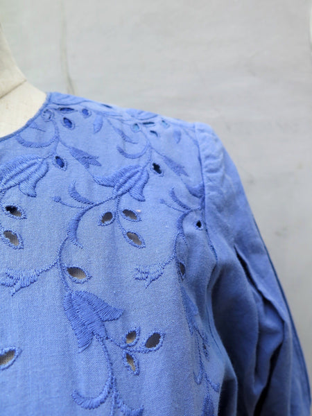 MUST HAVE! | Connie | Vintage 1950s 1960s Cotton-mix Cornflower blue Tulip pattern lace embroidery cut-out Elastic waist Dress