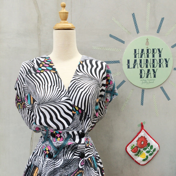 Mad-hatter Whim Wham | Vintage 1980s black white and butterfly patterns Wiggle pseudo-wrap Dress