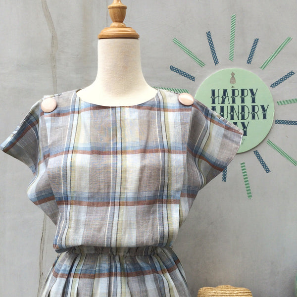 Tiffany | Vintage 1980s does 1950s linen mix brown and green Checks Plaid Flared Dress