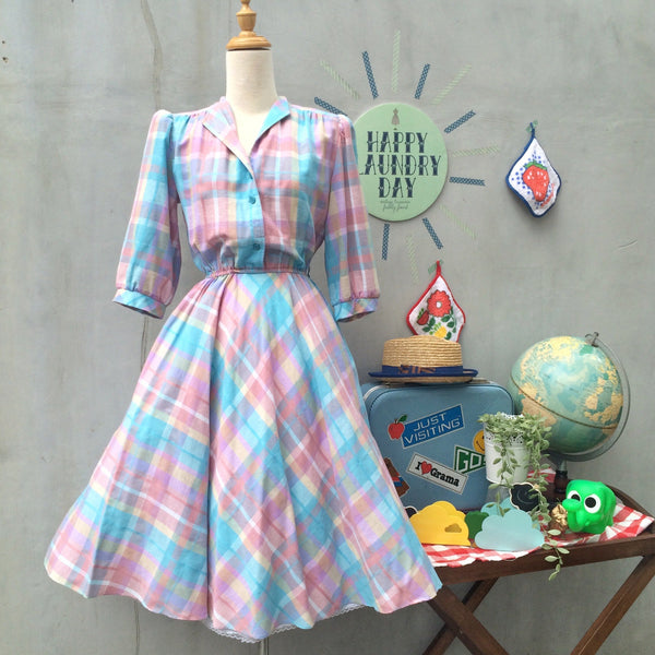 I Love Lucy | Vintage 1950s 1960s Pastel plaid checkered Half-sleeve collared Shirt dress