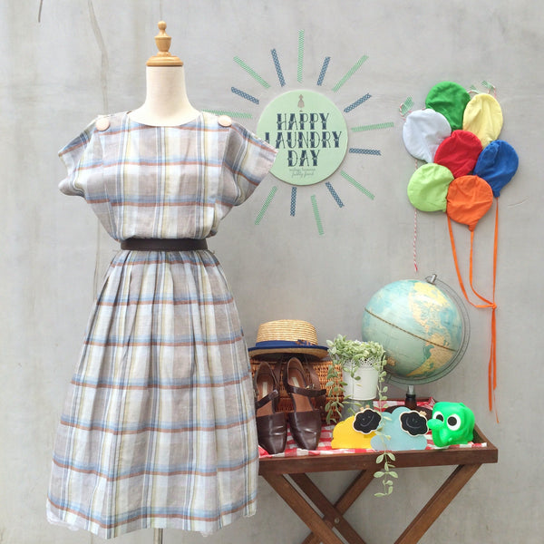 Tiffany | Vintage 1980s does 1950s linen mix brown and green Checks Plaid Flared Dress