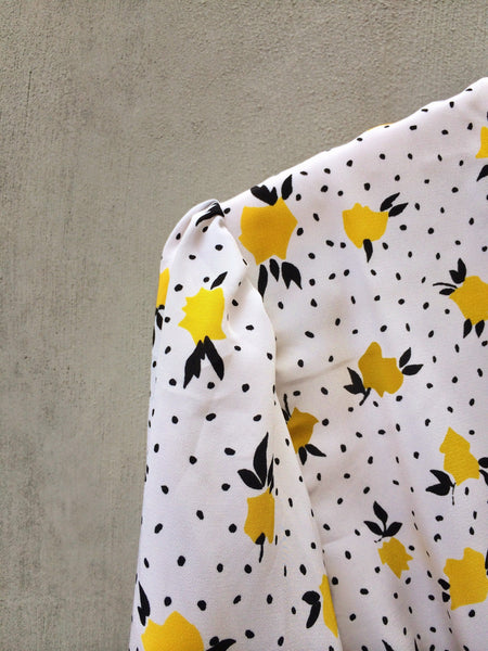 Fields of Gold | Vintage 70s blouse Cheery yellow tulip print Sexy secretary top