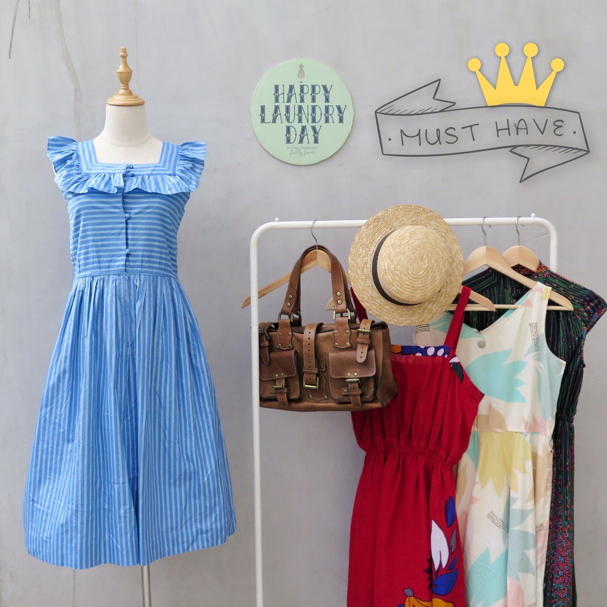 MUST HAVE! | Rumpelstiltskin | Vintage 1960s 1970s Striped Blue modal Square neckline Frilled sleeves Dress with Gold Threads