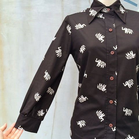 Elly Ele | Vintage 1960s 1970s Big Pointy Collar dark brown shirt with Indie Elephant prints