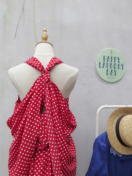 Switcheroo | Vintage 1980s 1990s Red white polka dot Sheath dress with Artistic scarf-ties