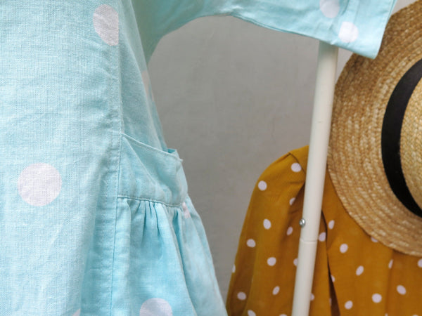 Clouds are Blue | Vintage 1950s 1960s Pastel blue and white polka dot Cotton button-down dress with Hip accents