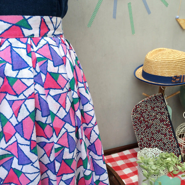 Shape up Baby | Vintage 1980s geometric multicolour Pink Purple Green triangles Mosaic print Midi calf-length Skirt