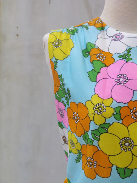 California Dreamin' | Vintage 1960s 1970s Retro Mod Flower Power NEON floral print Maxi Dress with Pockets