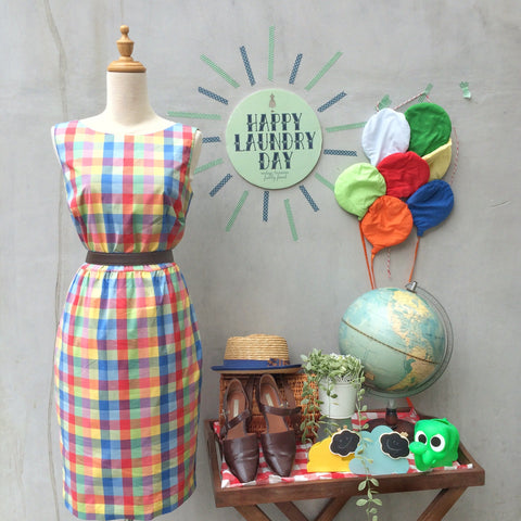 Joyfully Yours | Vintage 1980s 1990s multi-colored Colorful Gingham checks Sheath dress with POCKETS!