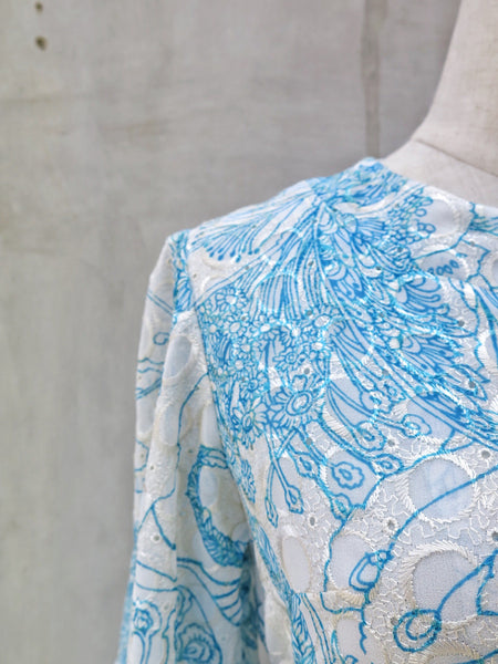 Cristina | Vintage 1960s 1970s Cream lace and Blue embroidery Oriental Kimono-esque Dress