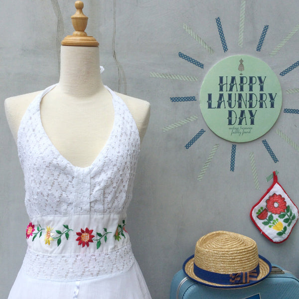 Summer Music | Vintage 1970s Hippie Bohemian Summer Festival Crochet and Embroidery Halter Neck Dress