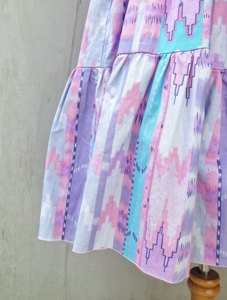 Sunset Way | Vintage 1980s Pink sunset city skyline Cowboy western style abstract painting Tiered Frilled Skirt