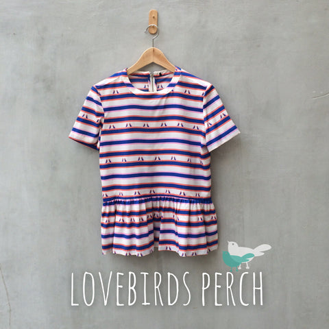 Lovebirds Perch | Retro peplum 80s blouse top Bright fluorescent Neon pink blue bird print Striped Top