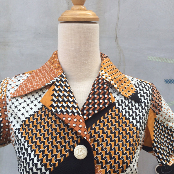Patched a Heart | Vintage 1960s 1970s patchwork houndstooth patterned print Shirtwaist dress
